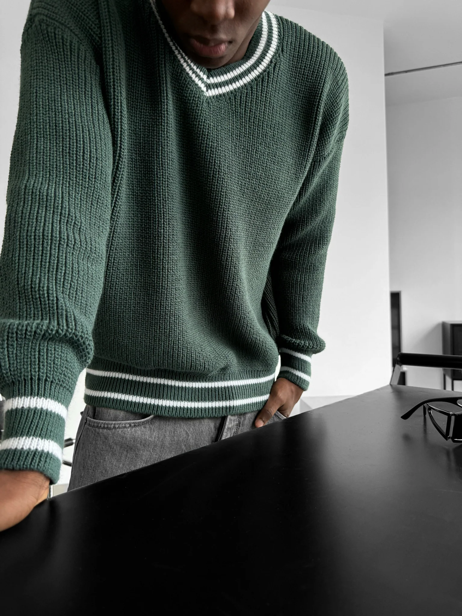 Oversize V Neckline Knit Pullover - Petrol
