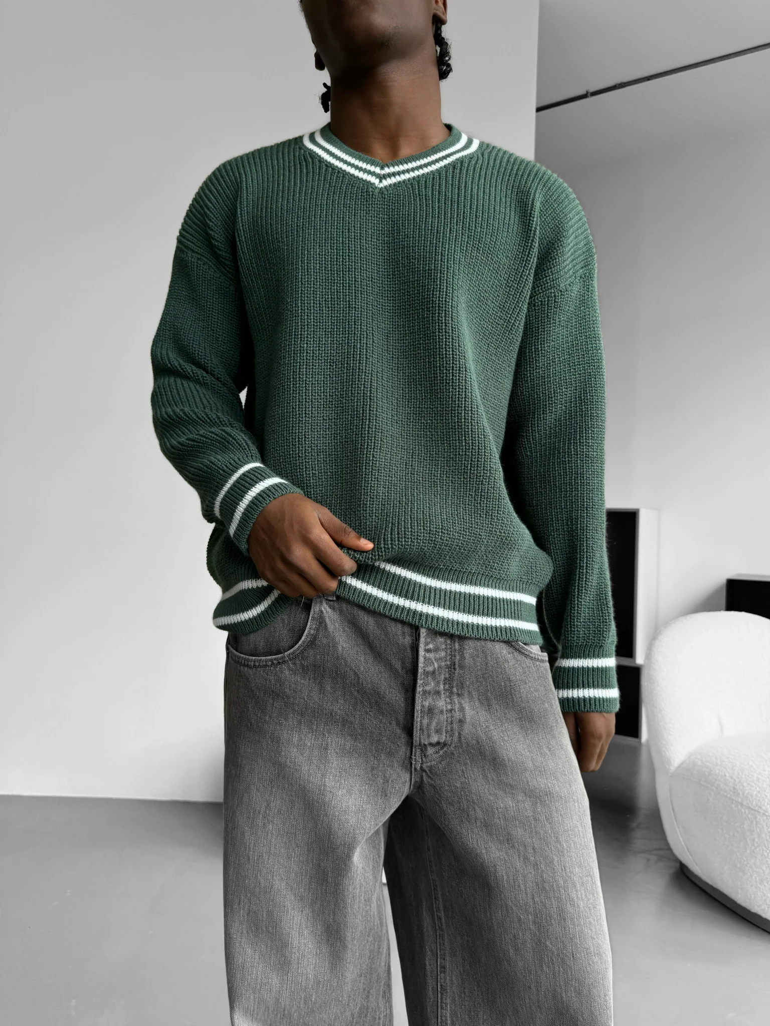 Oversize V Neckline Knit Pullover - Petrol - Image 2
