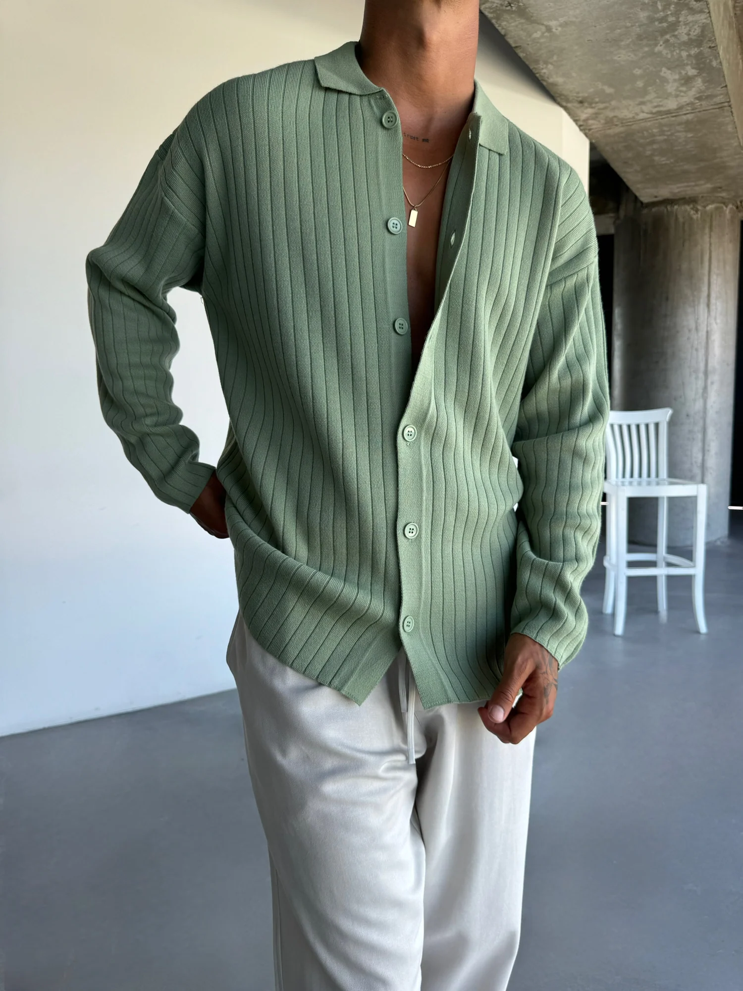 Oversize Wide Ribbed Long Arm Knit Shirt - Grass - Image 3