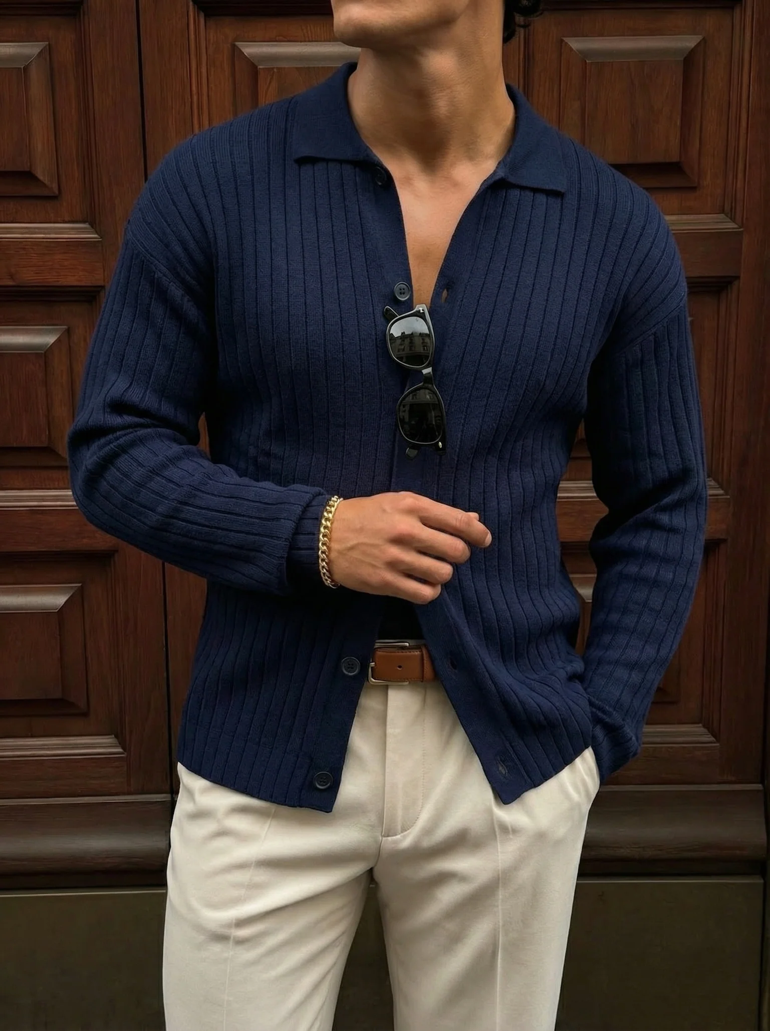 Oversize Wide Ribbed Long Arm Knit Shirt - Navy Blue