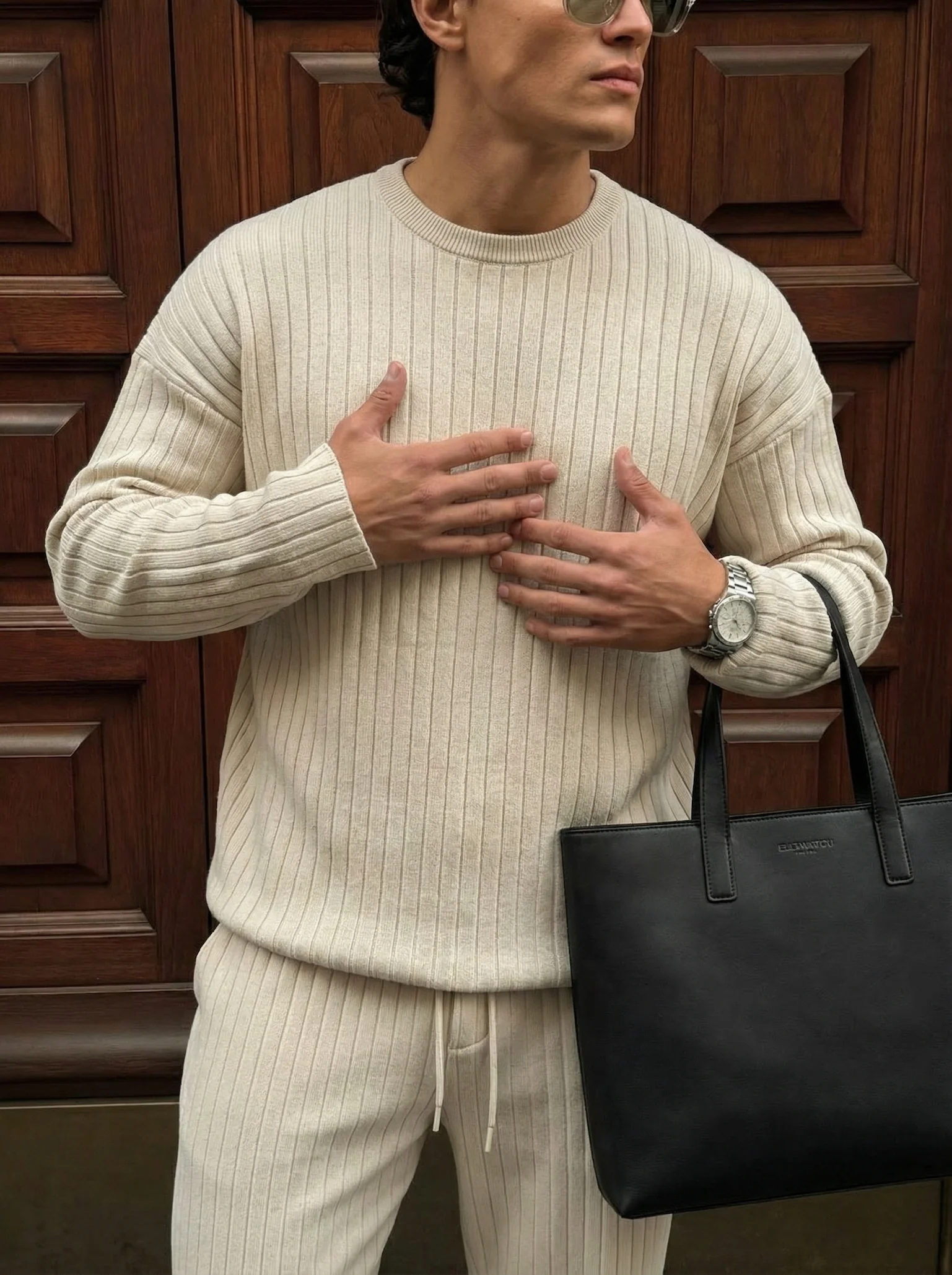 Oversize Wide Ribbed Long Arm Knit Sweatshirt - Stone