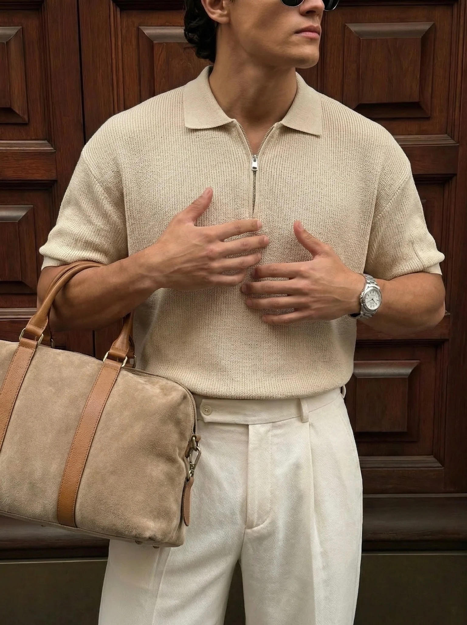 Oversize Zipper Knit Polo T-shirt - Beige
