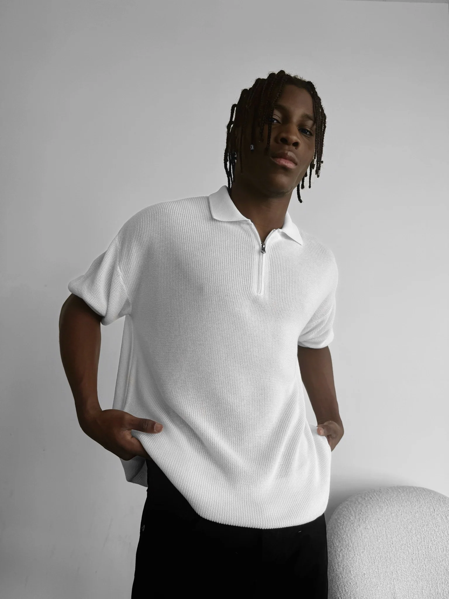 Oversize Zipper Knit Polo T-shirt - Ecru - Image 5