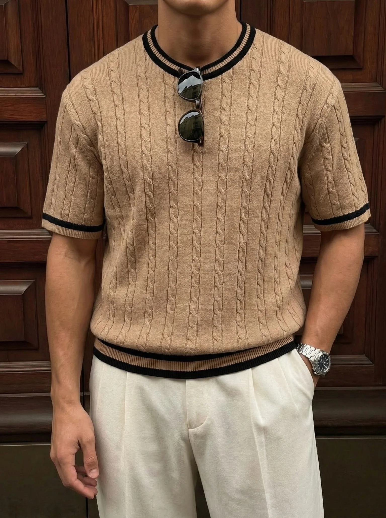 Regular Fit Braid Knit T-shirt - Beige
