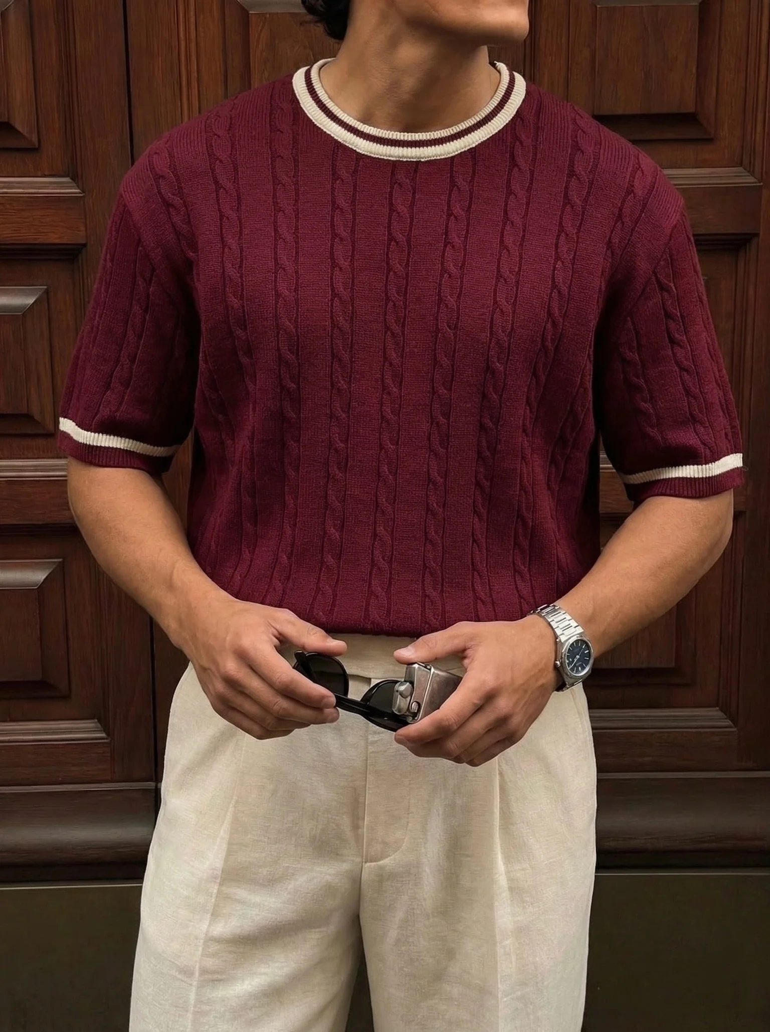 Regular Fit Braid Knit T-shirt - Plum