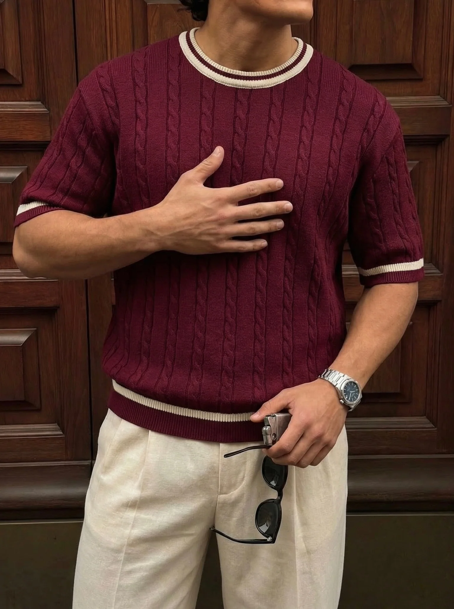 Regular Fit Braid Knit T-shirt - Plum - Image 2