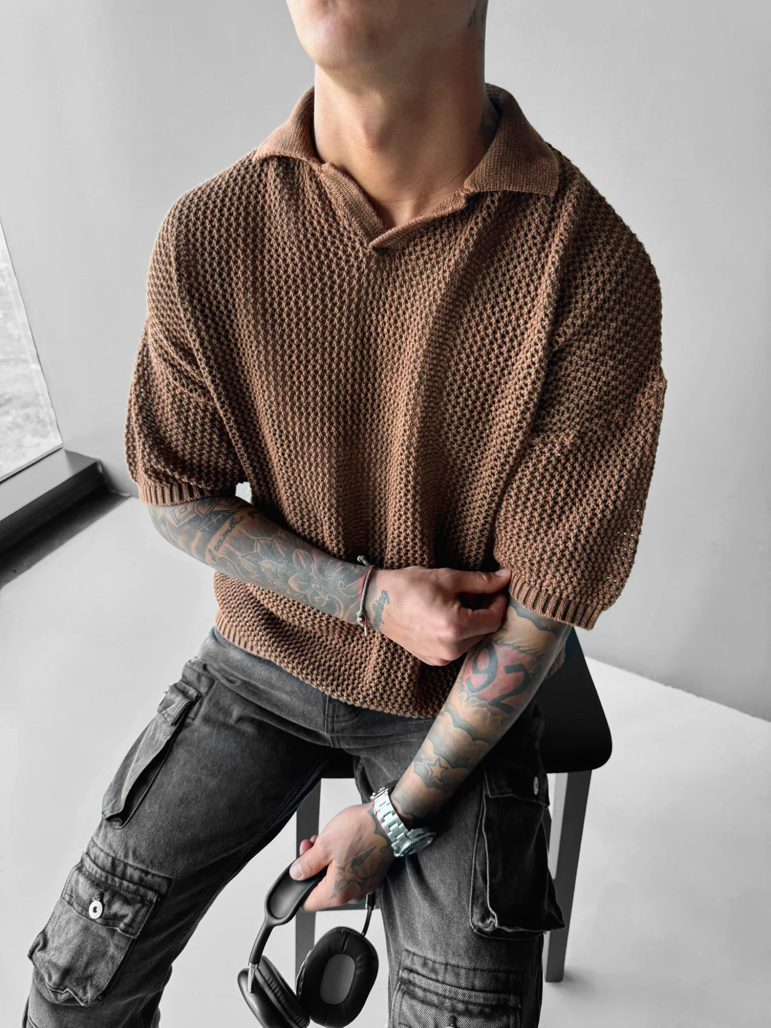 Regular Fit Knit Grid T-shirt - Ochre