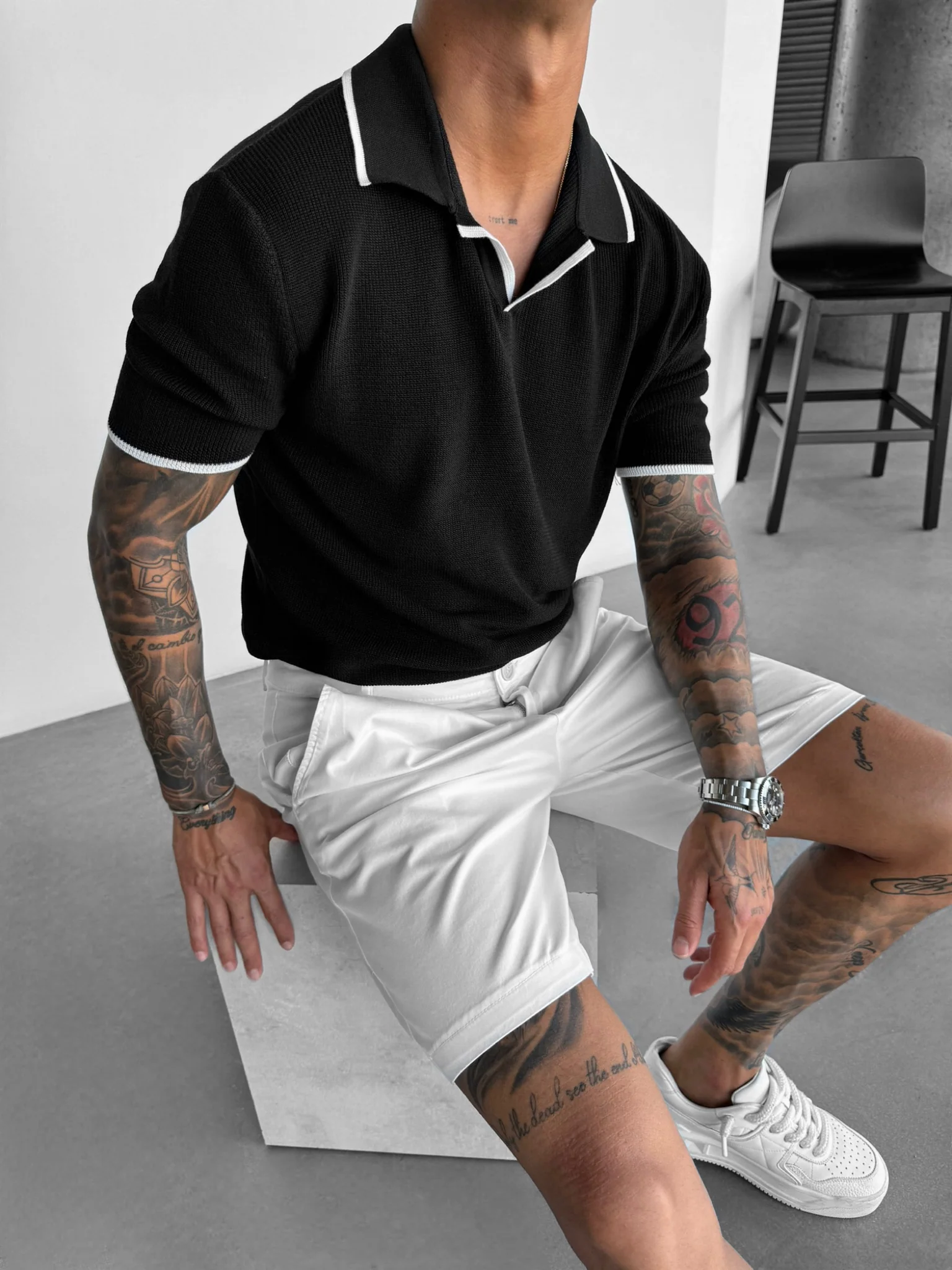 Regular Fit Knit Line Polo T-Shirt - Black - Image 2