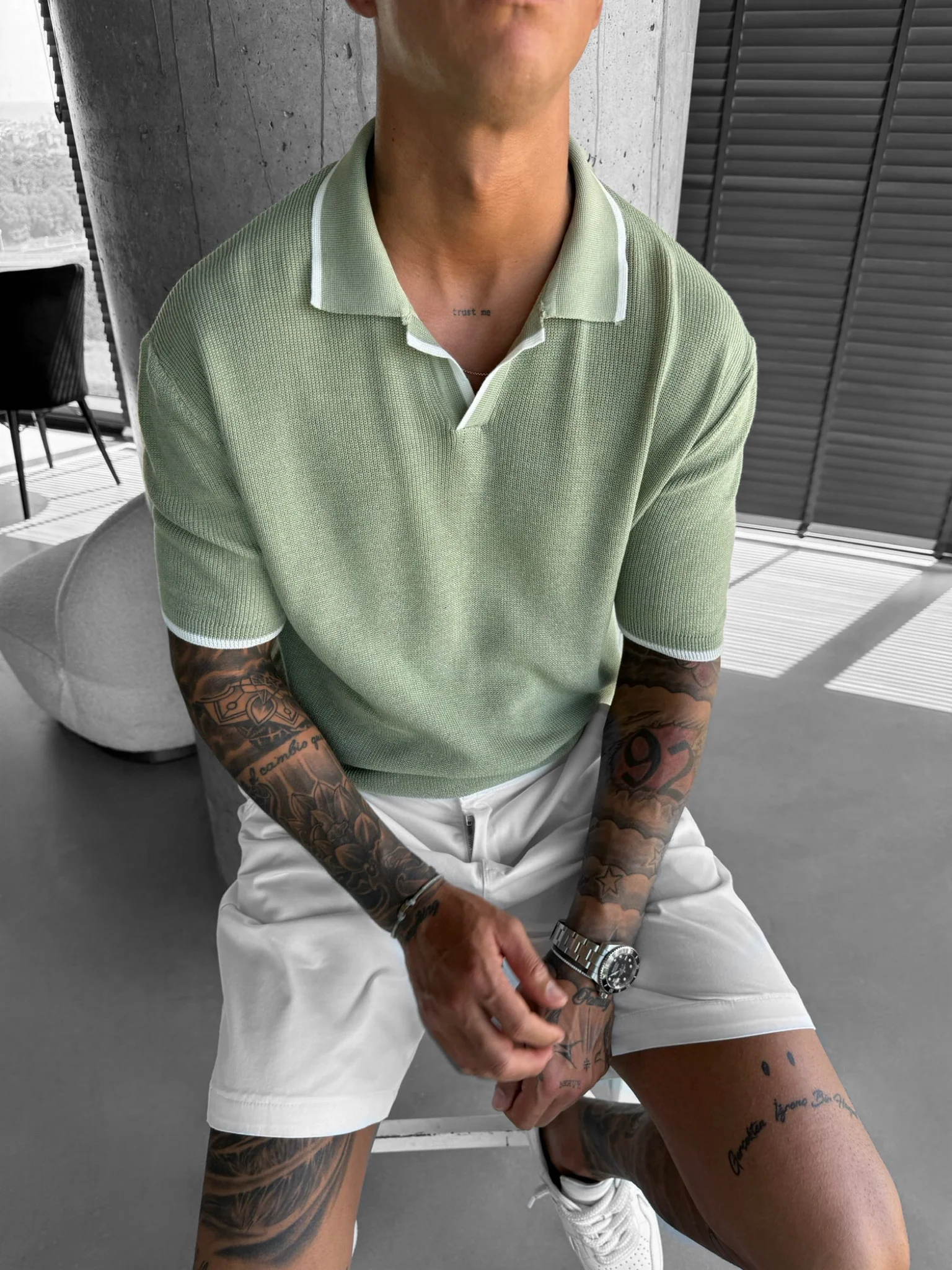 Regular Fit Knit Line Polo T-Shirt - Green - Image 5
