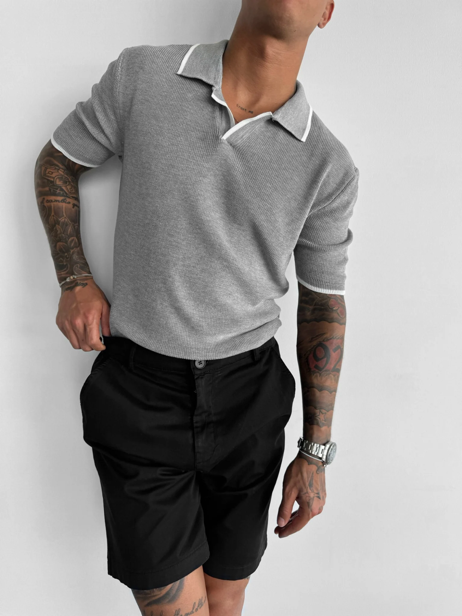 Regular Fit Knit Line Polo T-Shirt - Grey - Image 2