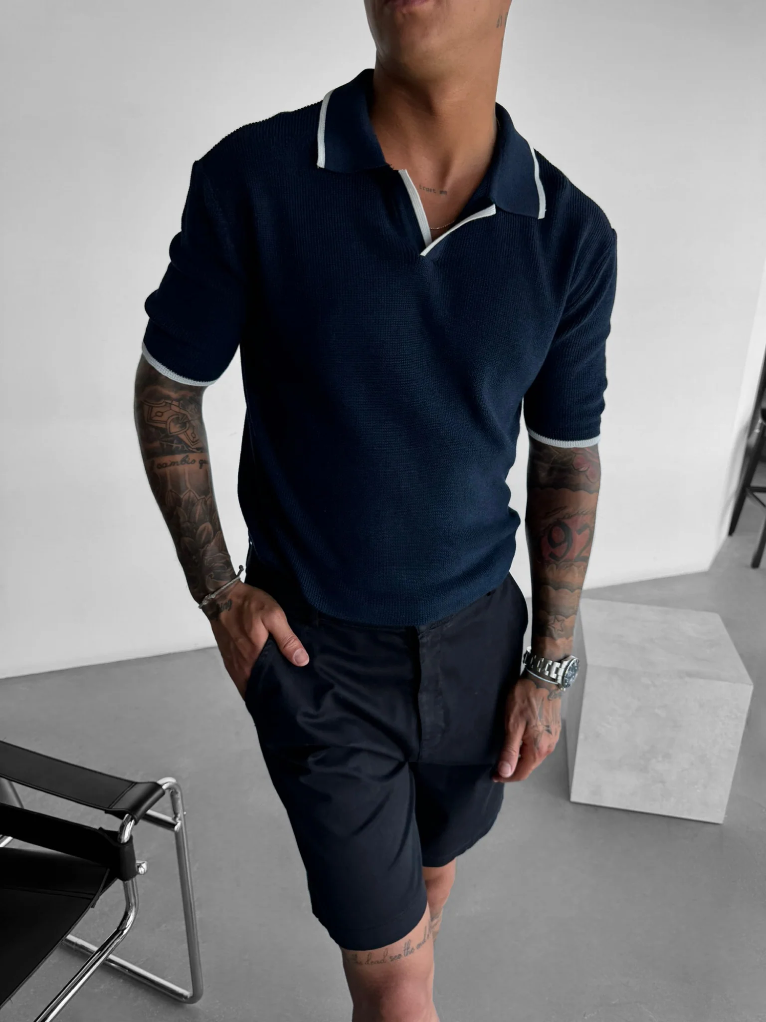 Regular Fit Knit Line Polo T-Shirt - Navy Blue - Image 4