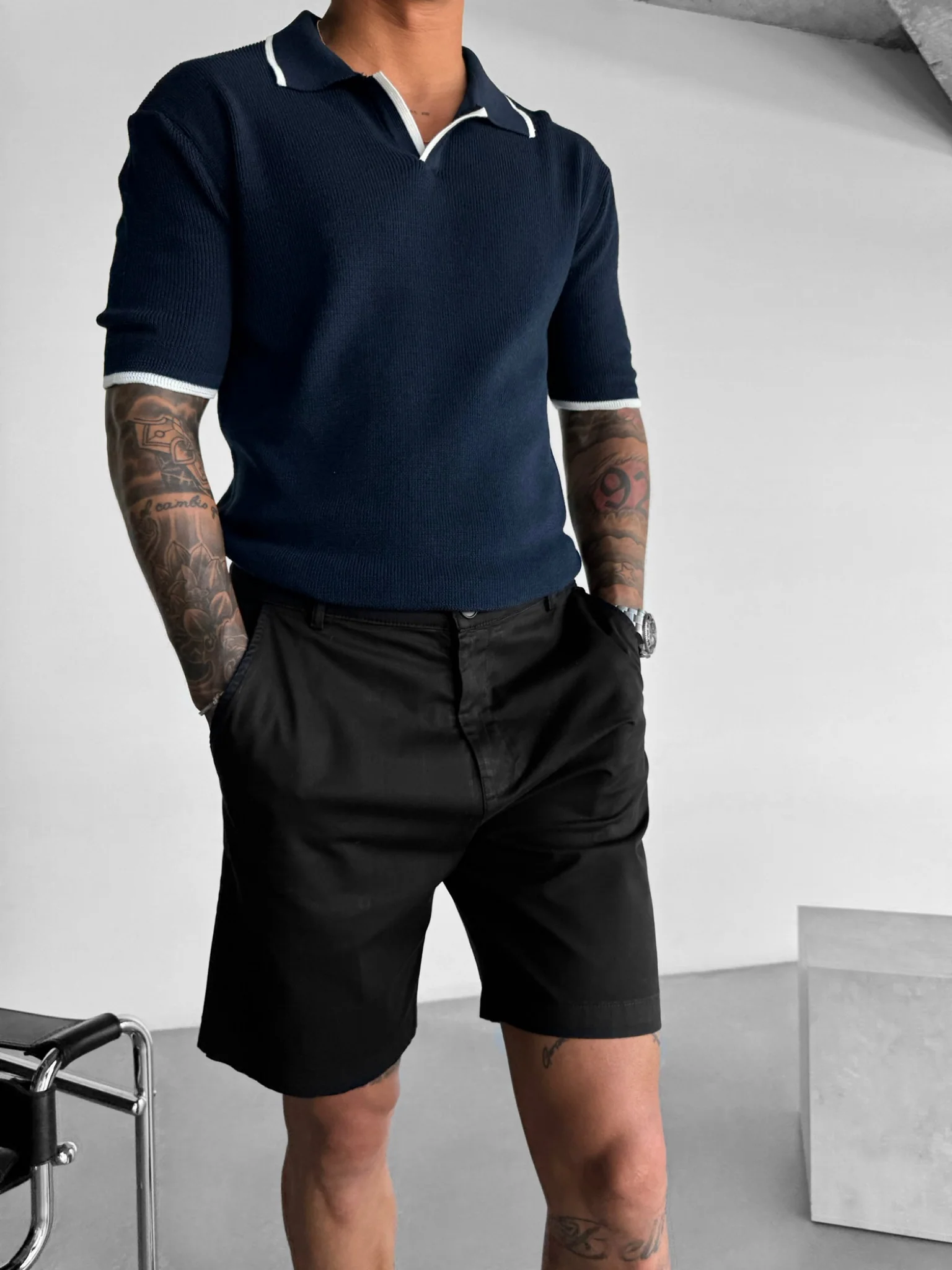 Regular Fit Knit Line Polo T-Shirt - Navy Blue - Image 5