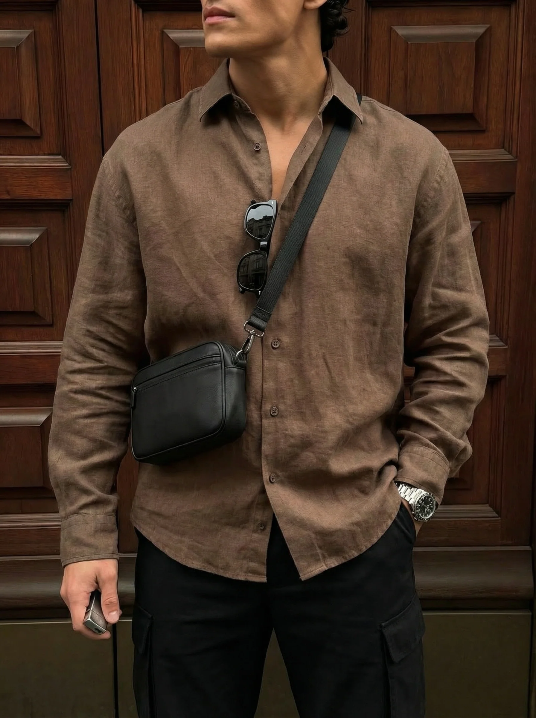 Regular Fit Long Arm Linen Shirt - Brown