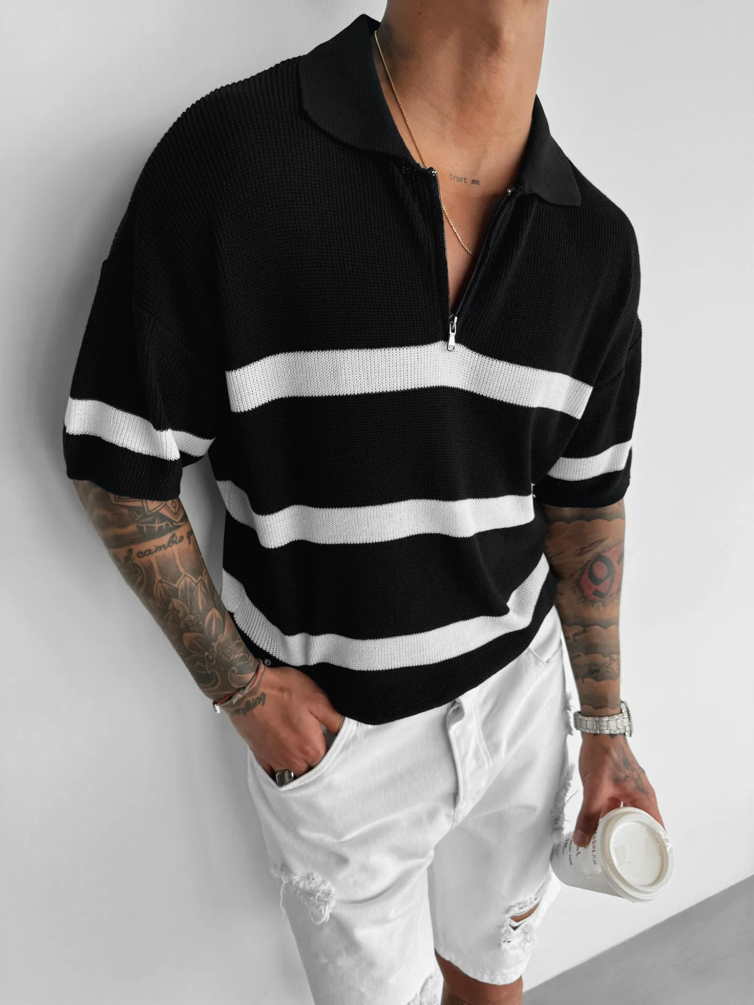 Regular Knit Zipper T-shirt - Black - Image 2