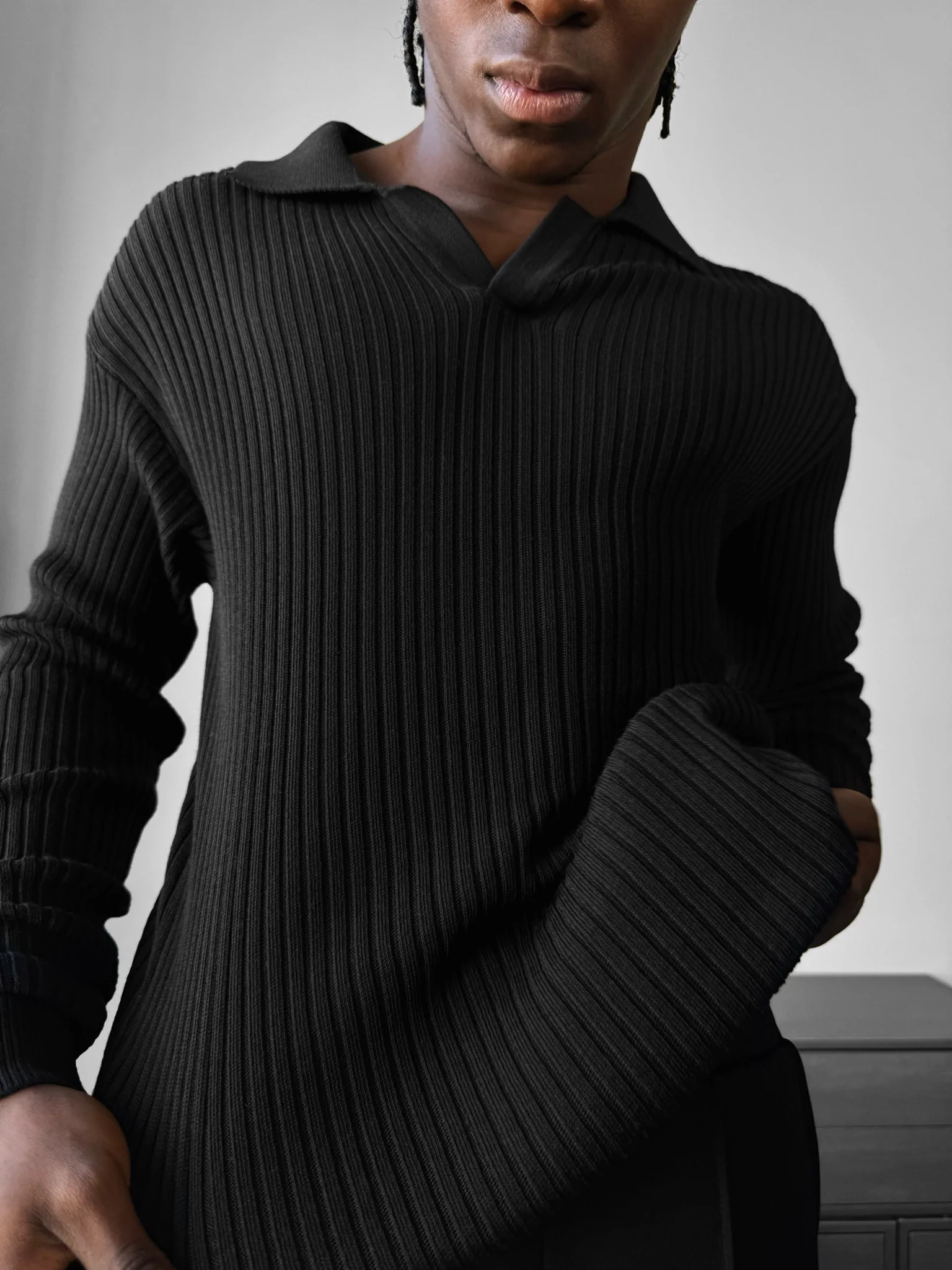 Slim Fit Knit Polo Sweater - Black - Image 2