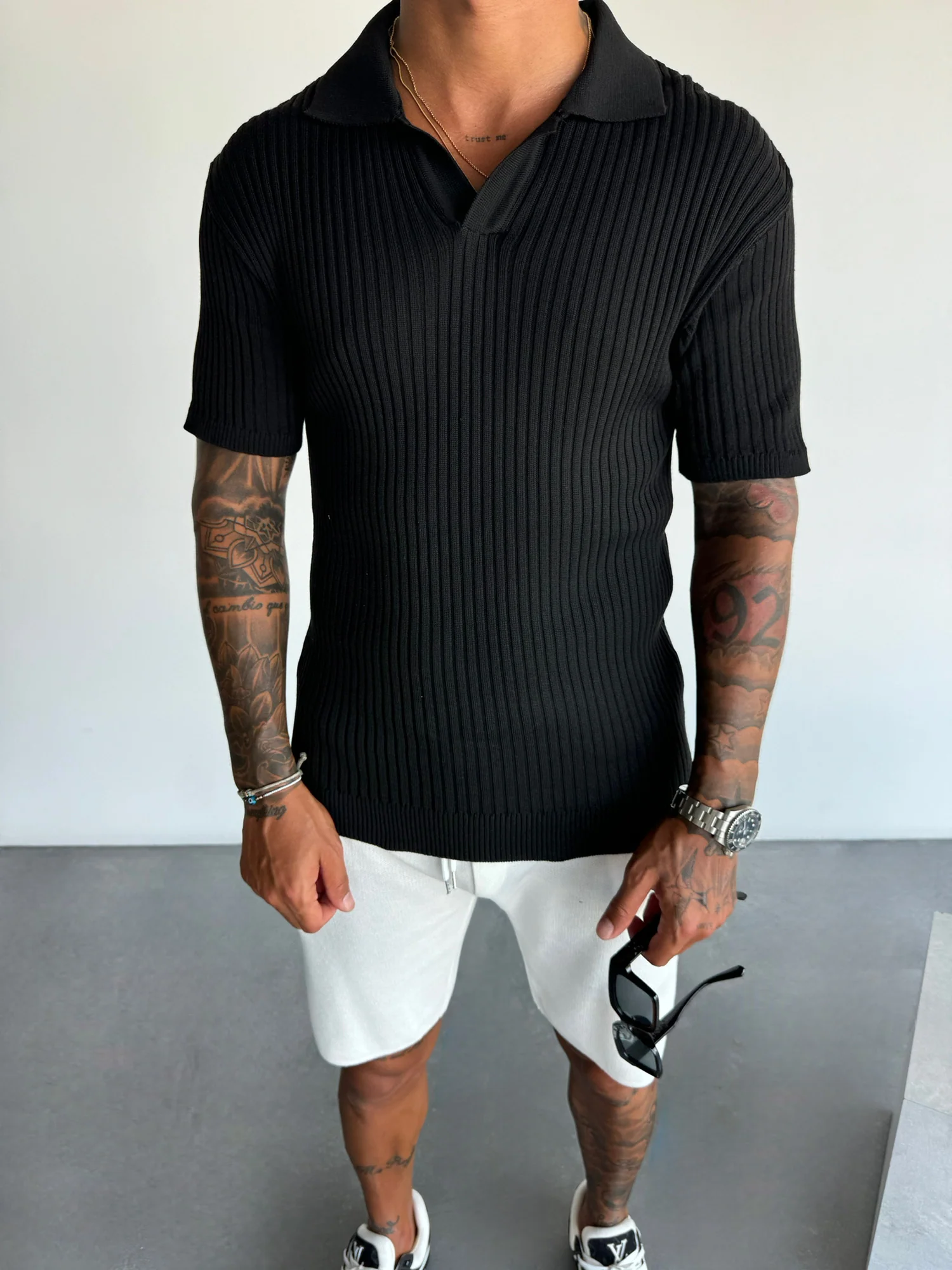 Slim Fit Knit Polo T-Shirt - Black - Image 3