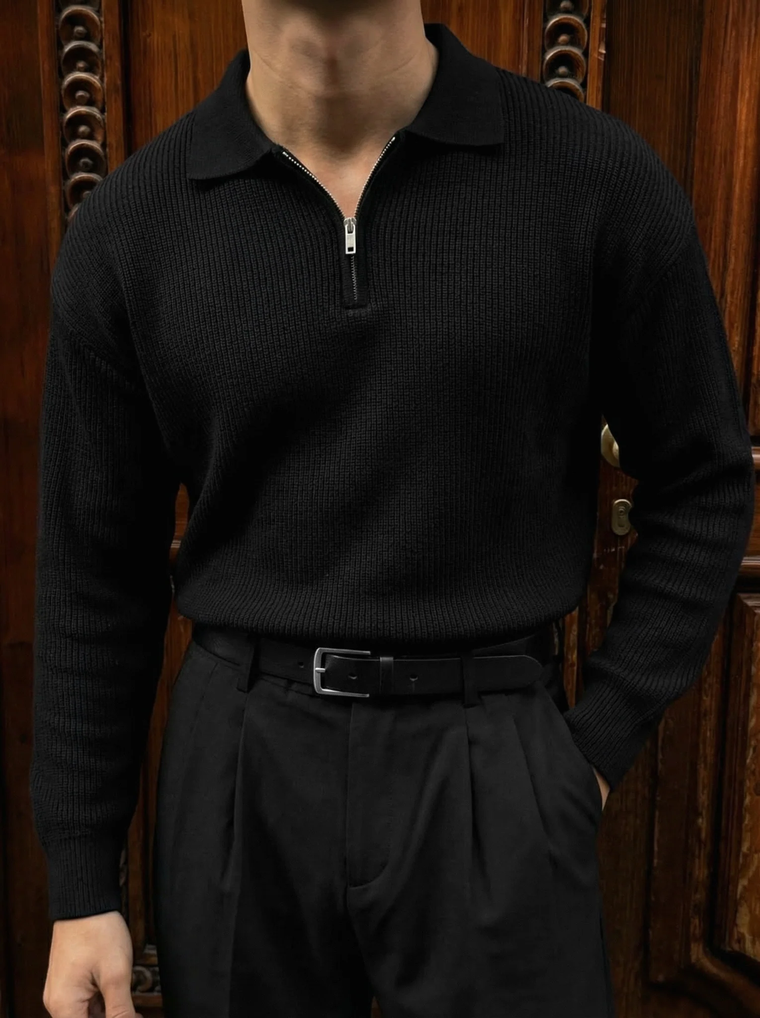 Slim Fit Knit Zipper Polo Sweater - Black